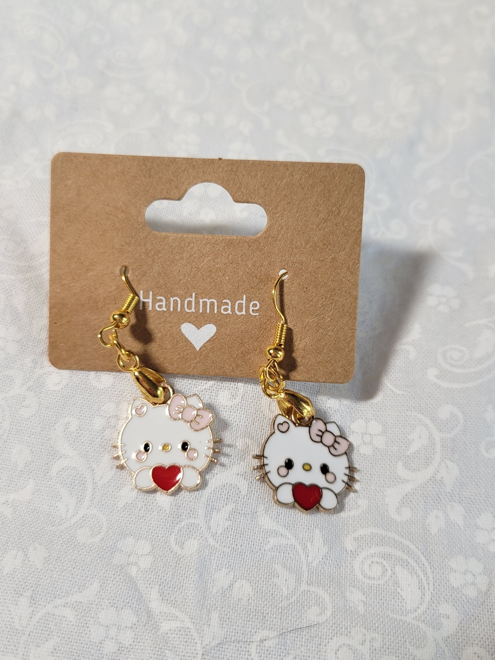 Handmade Kids White Kitty Heart Dangle Earrings - Gold Tone
